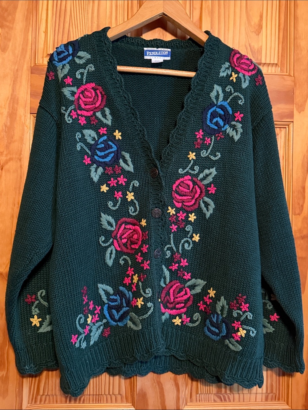 Vintage Pendleton Forest Green V-Neck Cardigan with Floral Embroidery